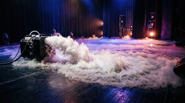 Heavy fog machine producing a thick blanket of white smoke on a dark stage during a live performance or theatrical show