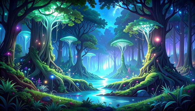 Enchanted forest with glowing mushrooms and waterfall.