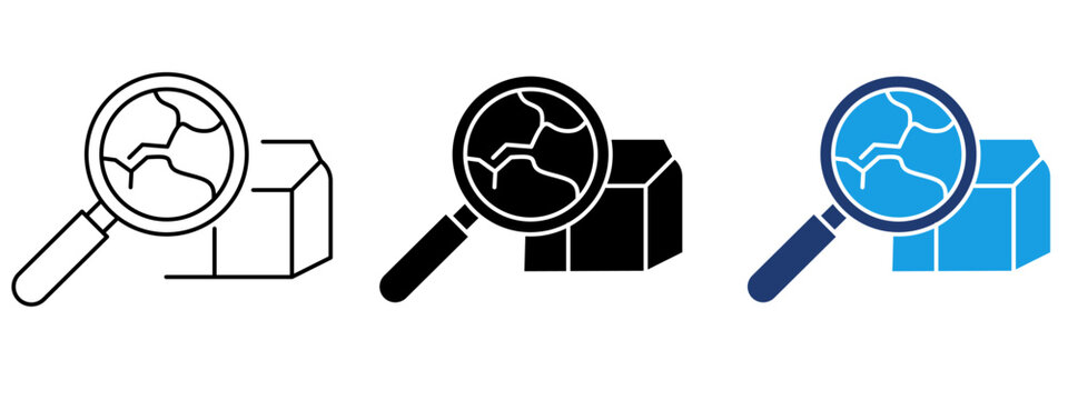 Damaged parcel inspection icon with magnifying glass over cracked box. Symbol of package defect search, broken cargo check, delivery risk, and audit.