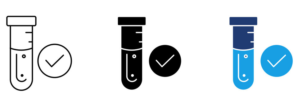 Test tube icon with checkmark symbol for passed lab test result. Symbol of medical checkup, verified sample, chemical analysis, blood test, and diagnosis.