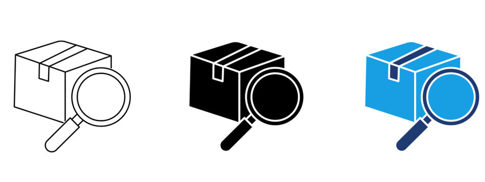 Parcel search icon with cardboard box and magnifying glass. Symbol of package tracking, order search, shipment inspection, logistics, and delivery review.