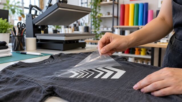 Custom T shirt printing process with worker applying heat transfer vinyl design using professional heat press machine showcasing apparel production garment decoration and small business print shop