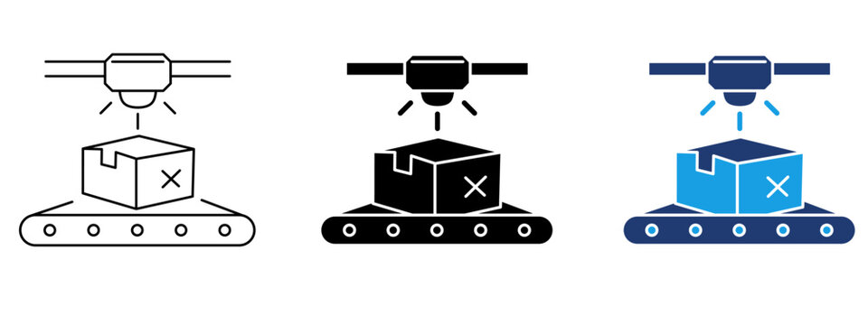 Parcel scanner icon with conveyor belt and cardboard box. Symbol of package scanning, logistics inspection, sorting center, delivery, and barcode reader.