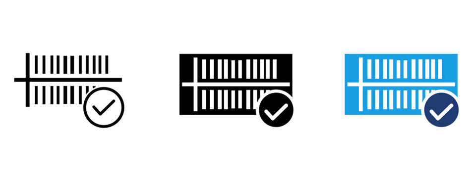 Barcode icon with checkmark symbol for scanned product verification. Symbol of barcode reader, price code approval, completed scan, and checkout control.