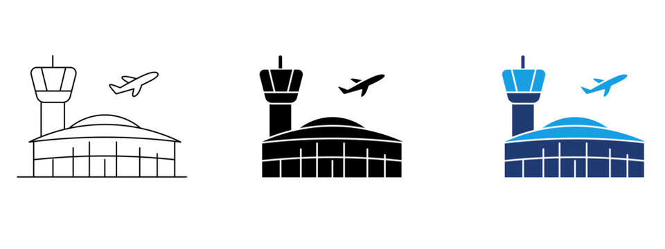 Airport building icon with control tower and taking off airplane. Symbol of air terminal, aviation hub, departure, flight travel, and infrastructure.