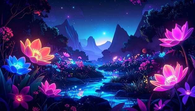 Vibrant abstract digital art with neon floral patterns.