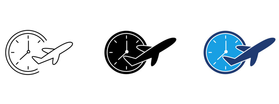 Flight time icon with clock symbol and taking off airplane. Symbol of flight schedule, flight delay, departure time, travel duration, and airport timetable.