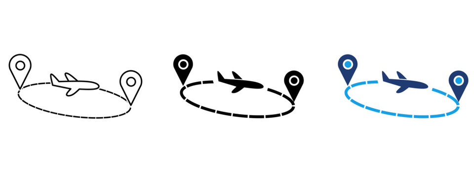 Flight route icon with airplane between map pin pointers. Symbol of round trip, flight tracking, travel path, destination, navigation, and airline itinerary.