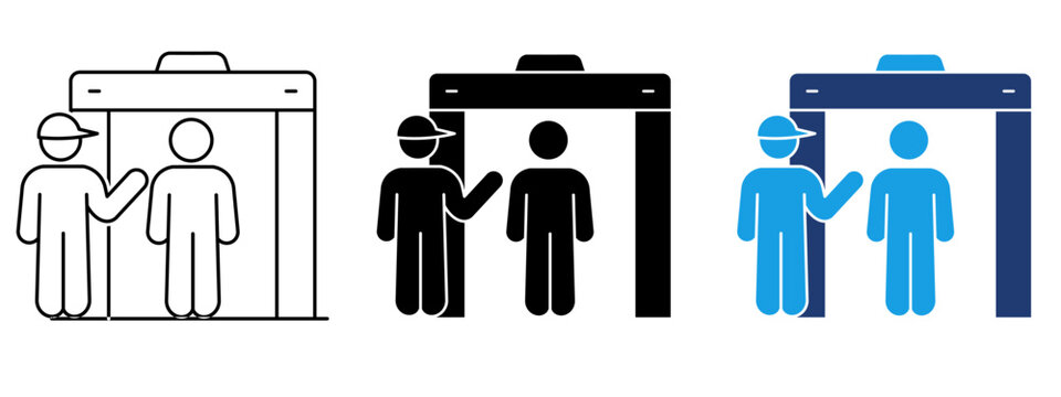 Metal detector icon with airport security guard and passenger. Symbol of safety checkpoint, scanner gate, TSA inspection, border control, and protection.
