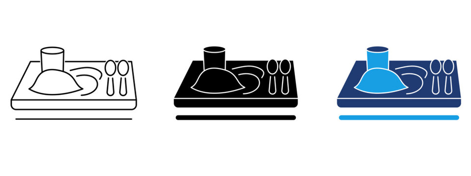 In-flight meal tray icon with food plate, drink cup, and cutlery. Symbol of airline food, flight catering, inflight dining, passenger meal, and food service.