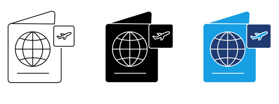 Passport icon with globe symbol and flight stamp. Symbol of international travel, visa approval, global journey, vacation planning, immigration, and tourist document.