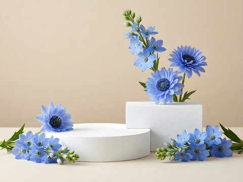 Minimal product display with white podiums and delicate blue flowers against a soft beige background, perfect for elegant cosmetic or skincare branding