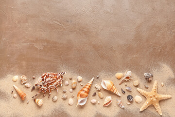 Obraz premium Summer vacation and travel concept, seashells and starfish on sand with copy space for holiday background and tropical beach tourism advertisement