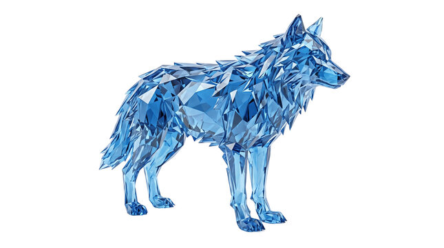 Crystalline blue wolf sculpture on white background, geometric ice wolf statue, low poly glass animal figure for modern decor