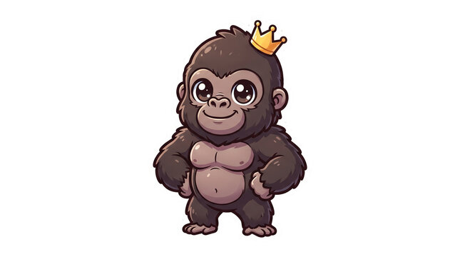 Cute baby gorilla wearing gold crown, adorable cartoon ape character, royal monkey king illustration on white background