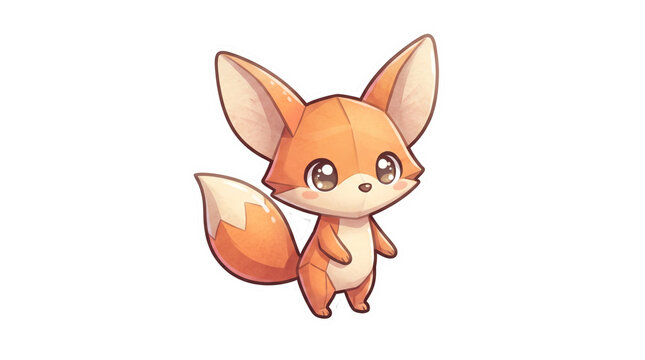 Kawaii fennec fox illustration, cute orange baby fox character, adorable desert animal sticker art on white background