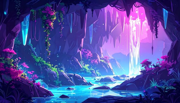 Vibrant neon lit cave with crystal formations and waterfall.
