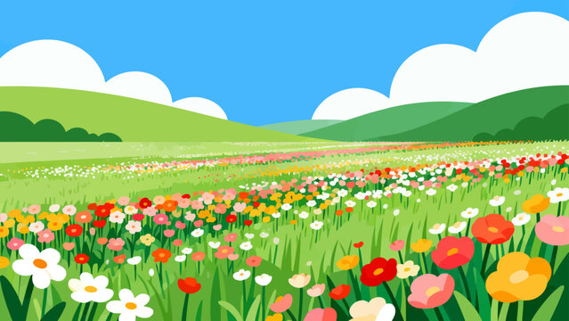 Vibrant wildflowers bloom across rolling green hills. Blue sky with fluffy clouds frames the peaceful scene. Flowers in red, yellow, white, and pink create a joyful display. Gentle wind rustles grass