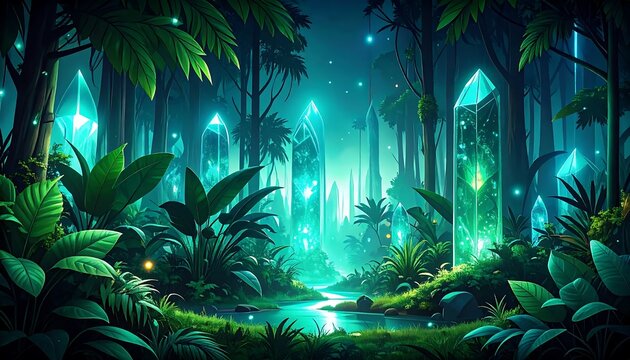 Lush tropical rainforest with glowing bioluminescent plants.