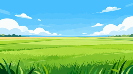 Obraz premium Vast green fields stretch under a clear blue sky. Soft clouds drift lazily overhead. Foreground grasses sway gently in the breeze. Perfect for serene nature scenes or tranquil backgrounds
