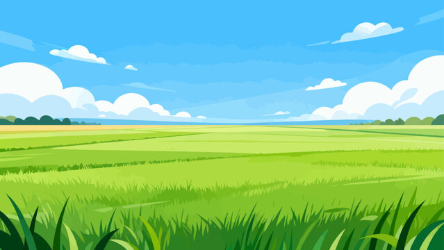 Vast green fields stretch under a clear blue sky. Soft clouds drift lazily overhead. Foreground grasses sway gently in the breeze. Perfect for serene nature scenes or tranquil backgrounds