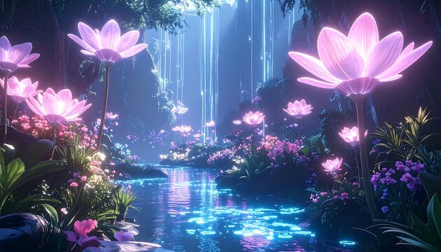 Vibrant water lily blooms floating in tranquil pond.