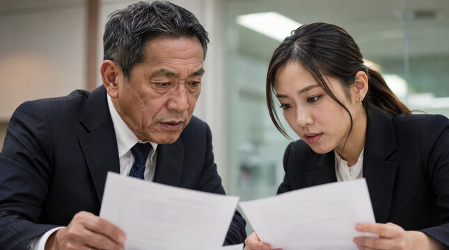 資料を確認する上司と部下のビジネス男女