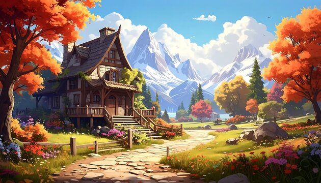 Autumn forest cabin nestled in mountain valley.