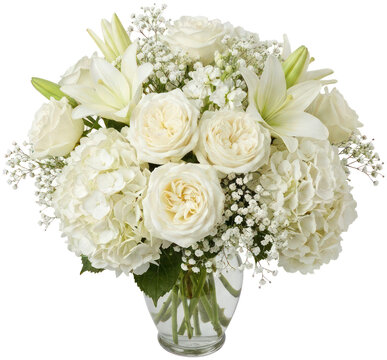 Elegant white rose and lily bouquet in glass vase.