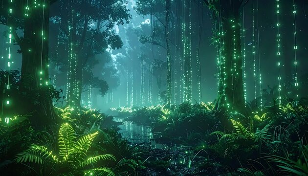 Misty forest scene with tall evergreen trees and soft lighting.
