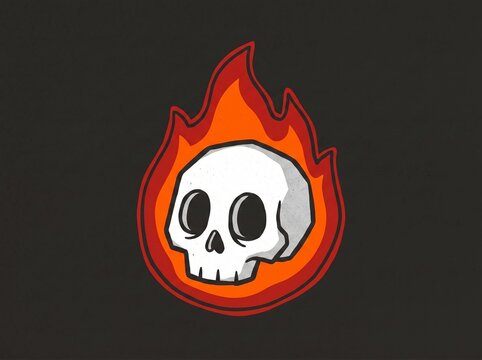 Cartoon Burning Skull with Orange Flames Graphic Illustration
