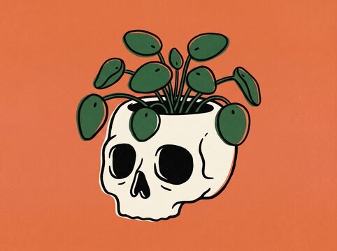 Retro Illustration of a Chinese Money Plant Growing in a Human Skull Planter on Orange Background