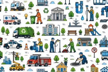 Naklejka premium Pixel art city life icons pattern with workers and vehicles on white background