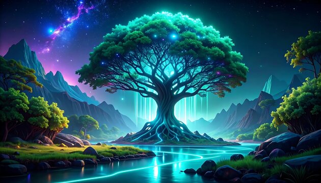 Aurora borealis over enchanted forest lake.