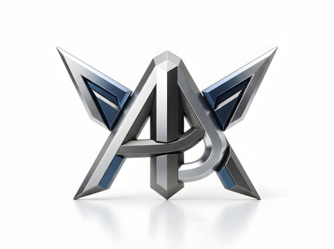 Abstract metallic AJ monogram logo design with sharp geometric wings on white background