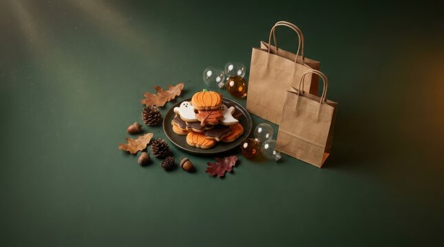 Halloween cookies in pumpkin and ghost shapes near paper shopping bags on green background provide holiday gift concepts.