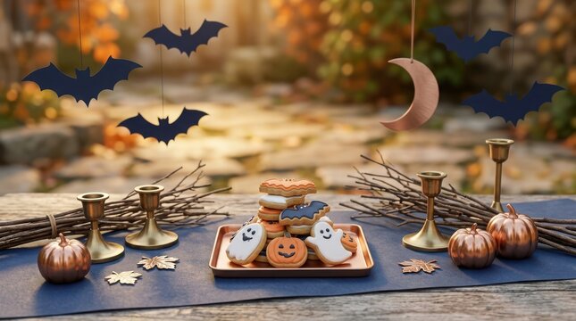 Whimsical halloween sugar cookies with ghost and pumpkin designs served on tray with hanging paper bats and copper moon.