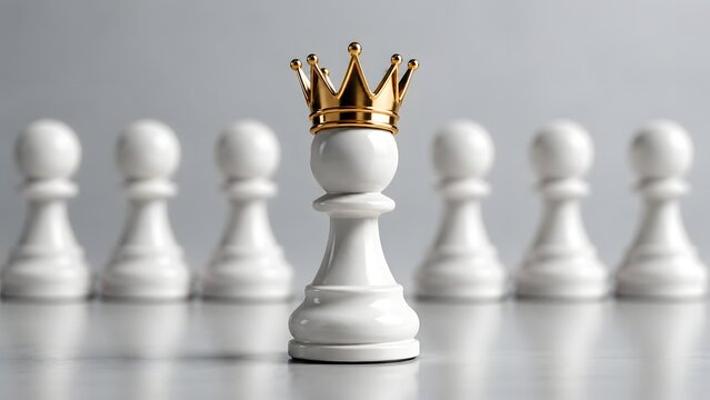 Golden crown on white chess pawn standing ahead of team symbolizing leadership business success authority strategy ambition achievement management competition and winning corporate vision concept