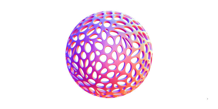 Abstract 3D lattice sphere with purple and orange gradient, geometric hollow orb on white background, futuristic organic cell structure
