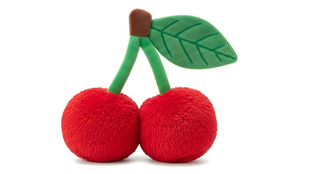 Two fresh red cherries with green leaves on white