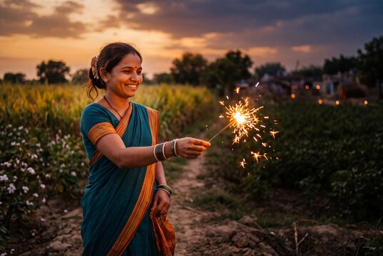 Joyful rural Indian woman celebrating Diwali with a glowing sparkler in agricultural farmland at sunset, with blank copy space for festive holiday advertising