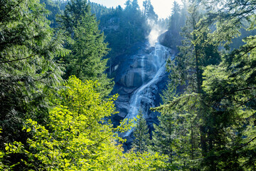 Majestic waterfall cascades down a rocky cliff surrounded by lush green forest, Shannon Falls Viewpoint, BC, Canada © Rajesh