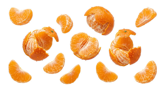 Fresh peeled mandarins and segments isolated on white background