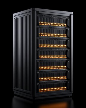 High-Tech Vertical Hybrid Compute Architecture in a Sleek Black Cabinet with Illuminated Components