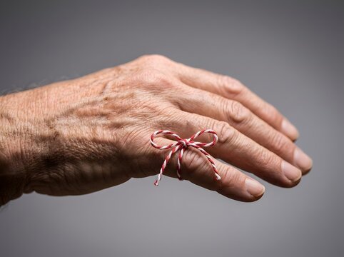 Senior hand with string bow reminder tied on finger