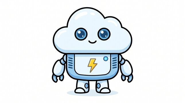 Cute Cloud Robot Character with Digital Screen and Lightning Icon