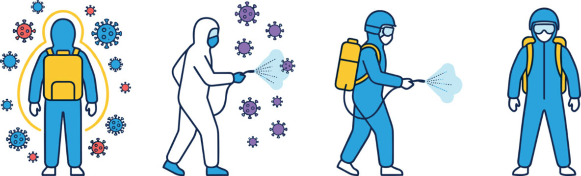Set of people in protective suits and masks spraying disinfectant against virus and bacteria vector illustration