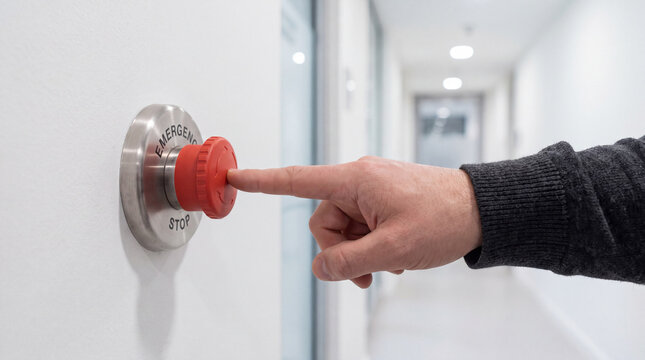Industrial red emergency stop button on white wall for safety control.