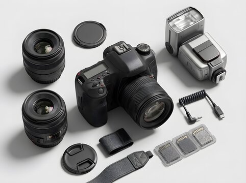 Professional dslr camera body with lenses and photography accessories