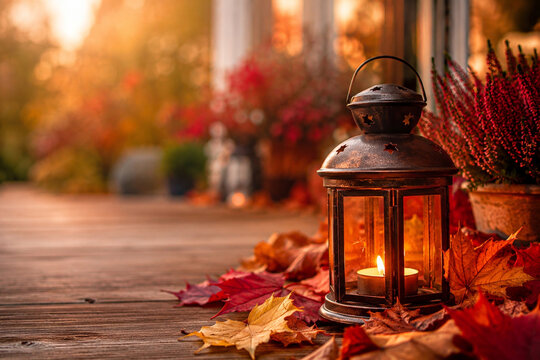 Leuchtende Laterne mit Herbstlaub auf einer Terrasse